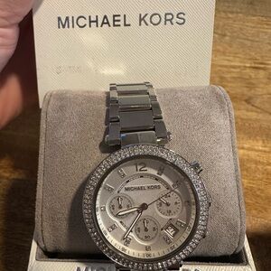 Michael Kors Silver Chronograph Watch with Crystal Bezel
